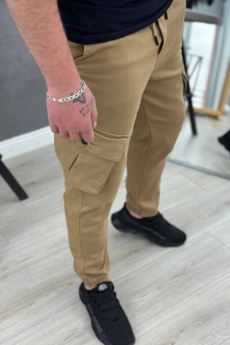 LACING POCKET ONE COLOR MEN CARGO PANTS BROWN/KAFE - 4