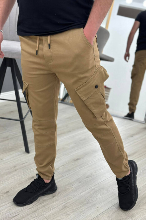 LACING POCKET ONE COLOR MEN CARGO PANTS BROWN/KAFE - 1