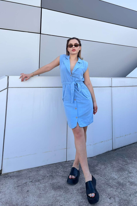 LACING POCKETS DETAIL POLO NECK WOMEN DRESS LIGHTBLUE/BZ - 1