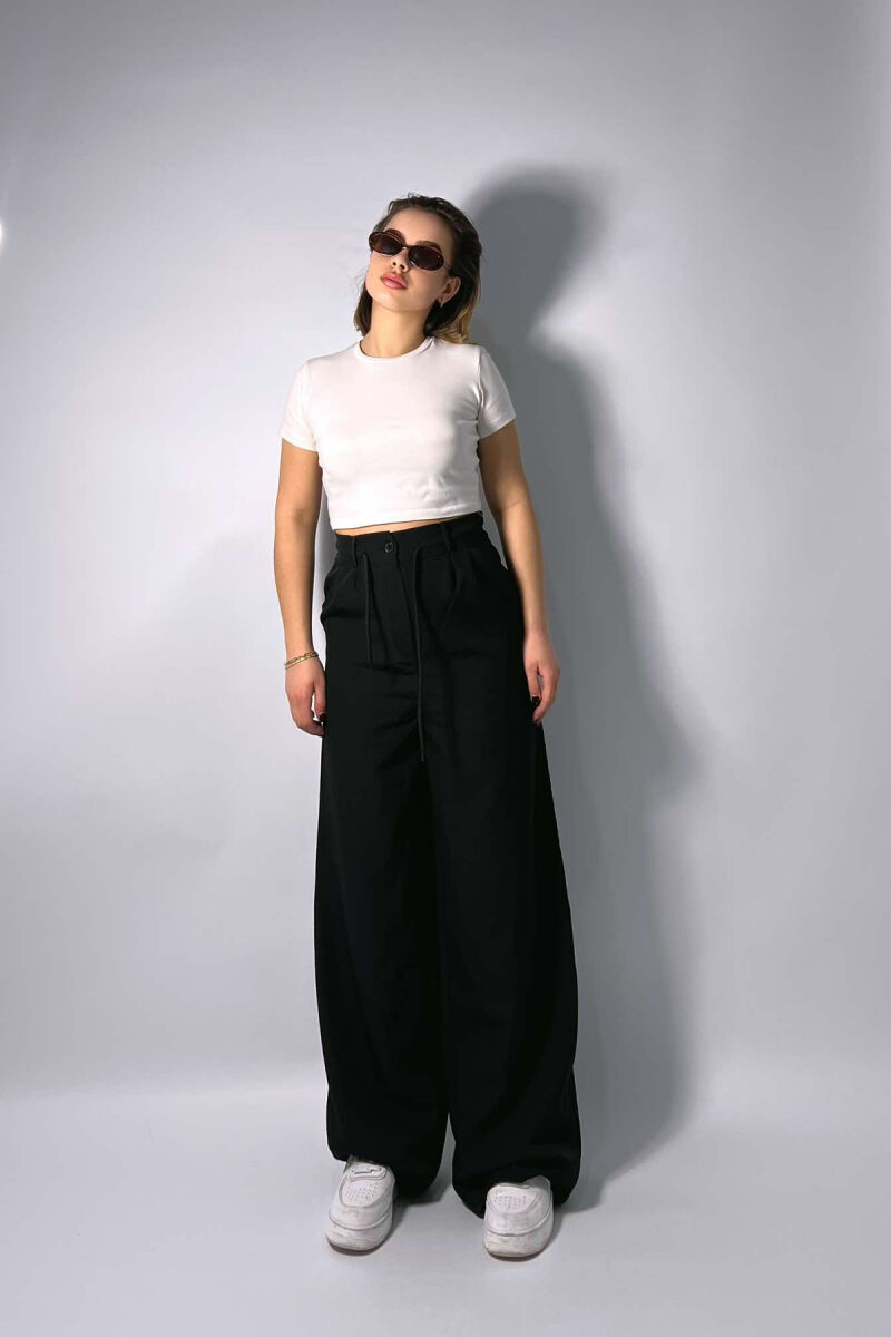 LACING SEMI ELASTIC WAIST WOMEN TROUSERS IN BLACK COLOR - 1