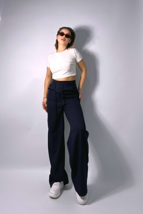 LACING SEMI ELASTIC WAIST WOMEN TROUSERS IN DARK BLUE COLOR 