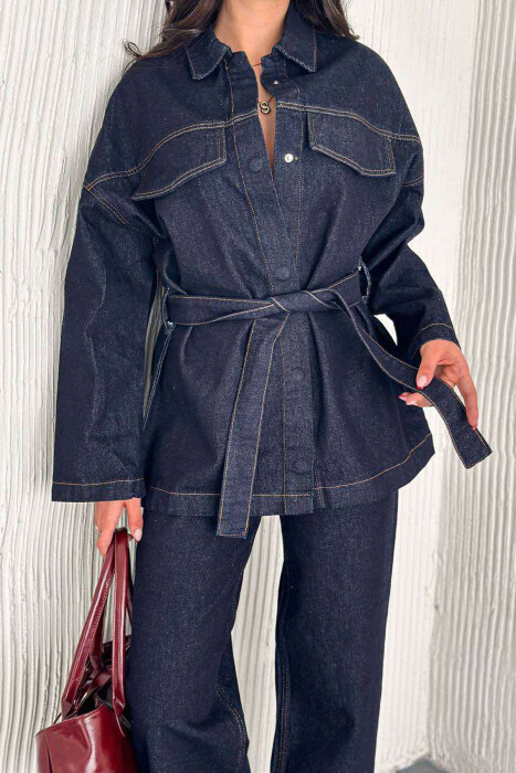 LACING SHIRT+JEANS DENIM WOMEN SET DARK BLUE/BEE - KLAUDIO FASHION