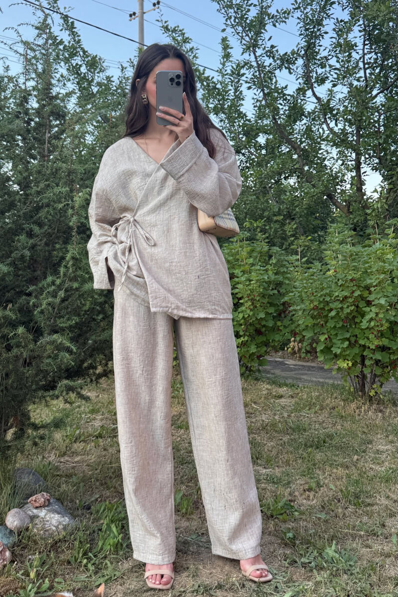 LACING SHIRT+TROUSERS ONE COLOR WOMEN SET BEIGE/BEZHE - 1