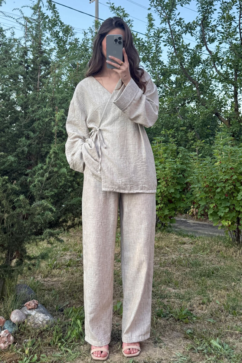 LACING SHIRT+TROUSERS ONE COLOR WOMEN SET BEIGE/BEZHE - 2