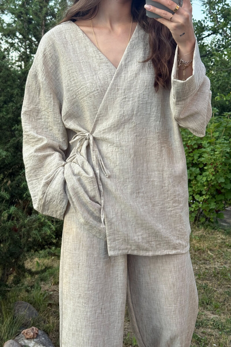 LACING SHIRT+TROUSERS ONE COLOR WOMEN SET BEIGE/BEZHE - 3