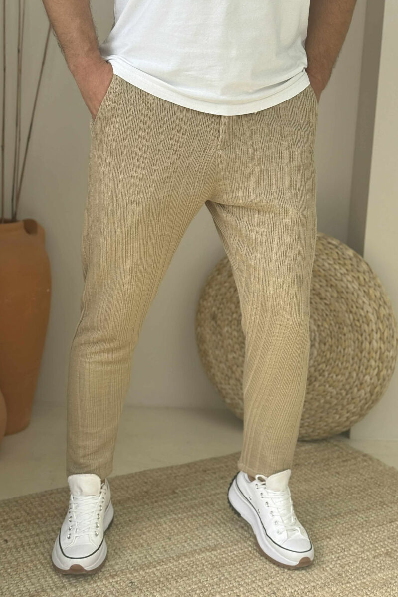LACING WAIST KNITTED ONE COLOR MEN PANTS LIGHT BROWN/KAZB - 3