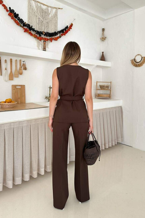 LACING WAIST TANK TOP + TROUSERS WOMAN SET BROWN/KAFE - 3