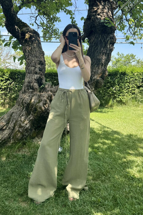LACING WIDE LEG ONE COLOR WOMEN TROUSERS OLIVE/ULLI 