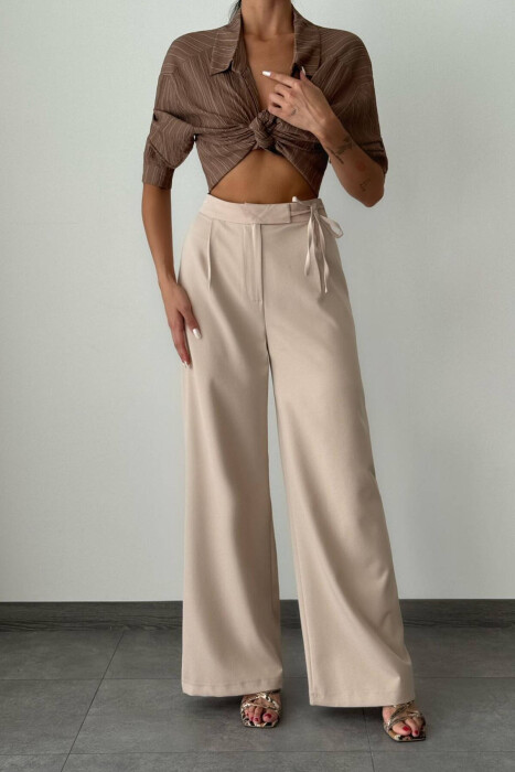 LACING WIDE LEG WOMAN TROUSERS CREAM/KREM - 5