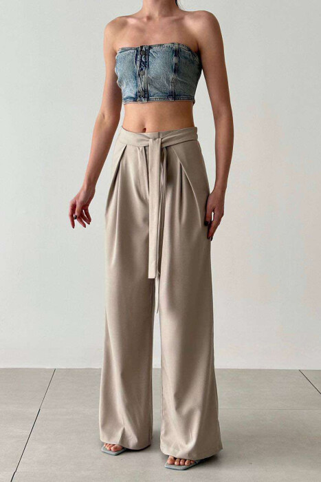 LACING WIDE LEG WOMEN TROUSERS IN BEIGE COLOR - 1