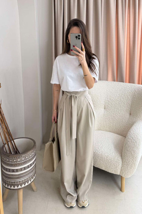 LACING WIDE LEG WOMEN TROUSERS IN BEIGE COLOR 