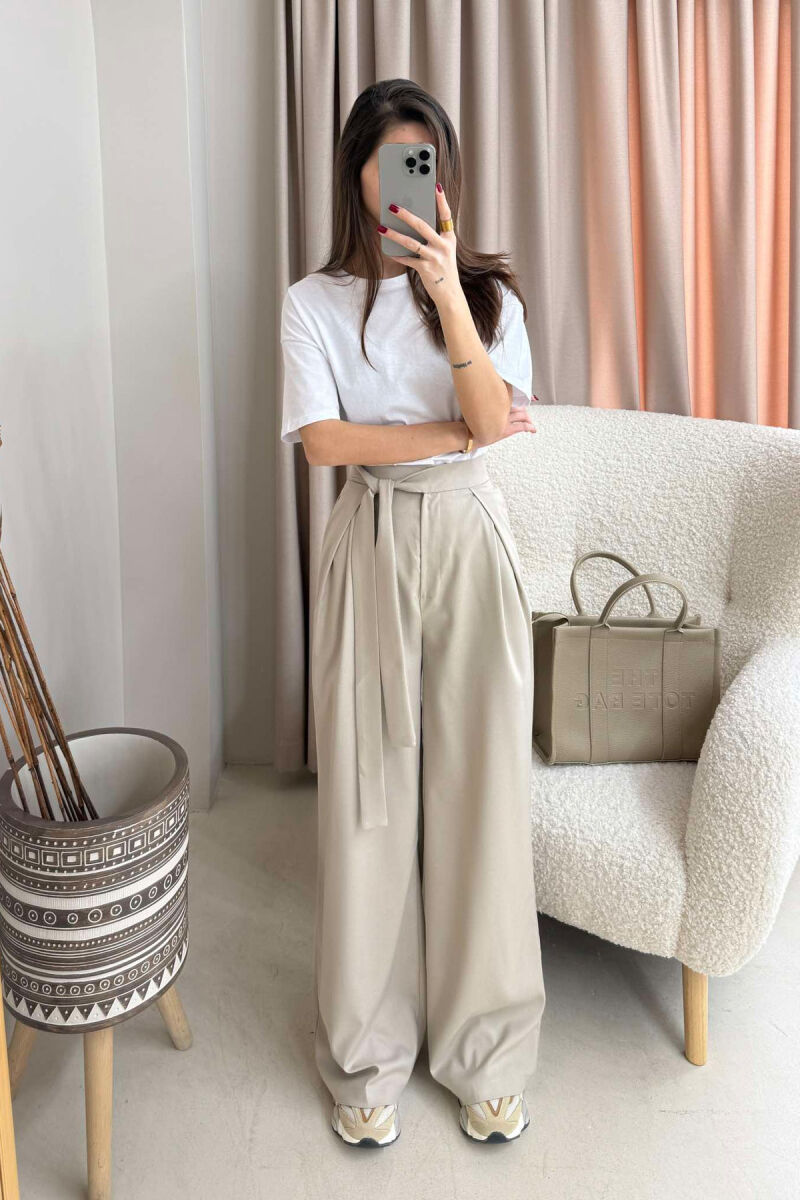 LACING WIDE LEG WOMEN TROUSERS IN BEIGE COLOR - 2