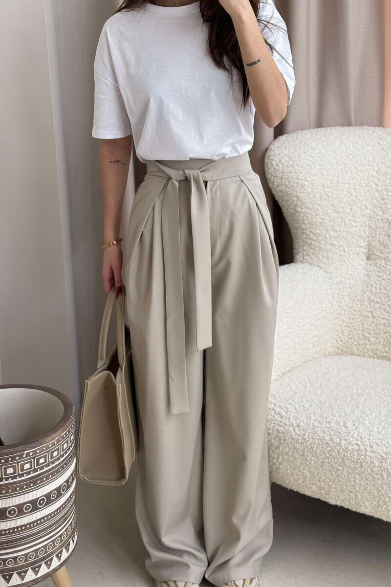 LACING WIDE LEG WOMEN TROUSERS IN BEIGE COLOR - 3