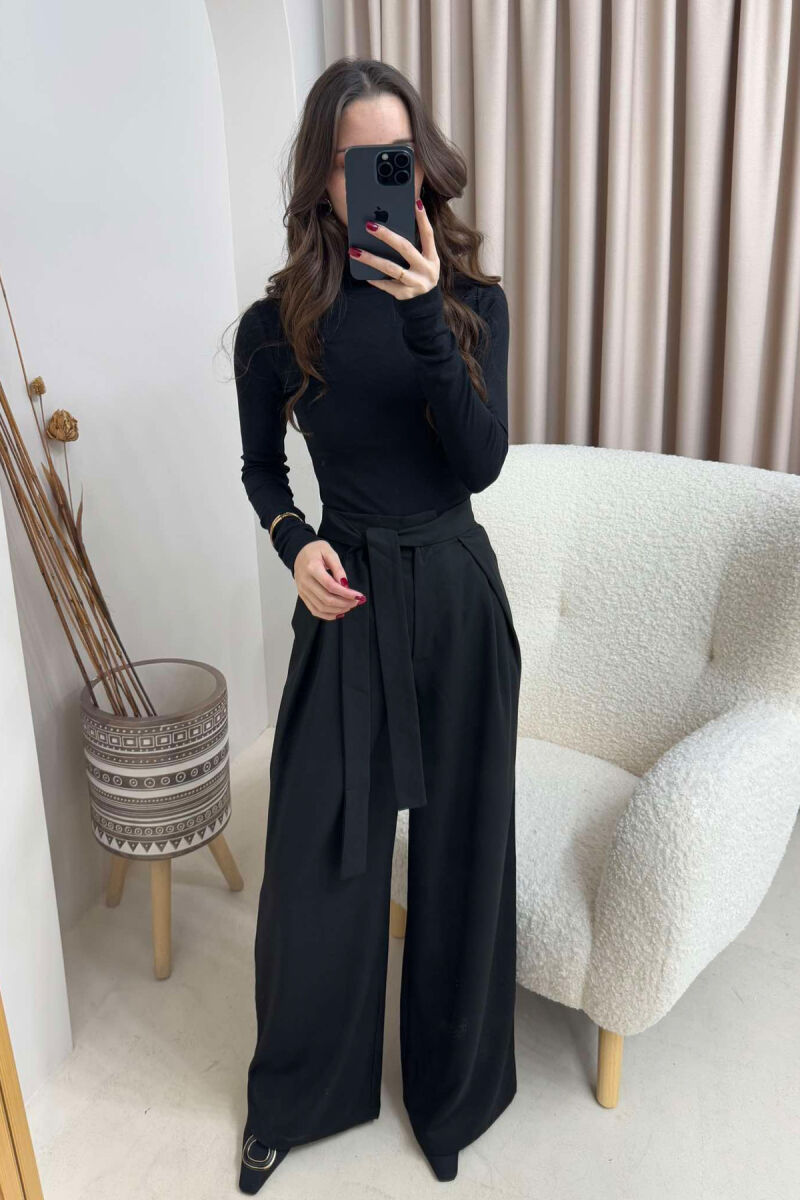 LACING WIDE LEG WOMEN TROUSERS IN BLACK COLOR - 1