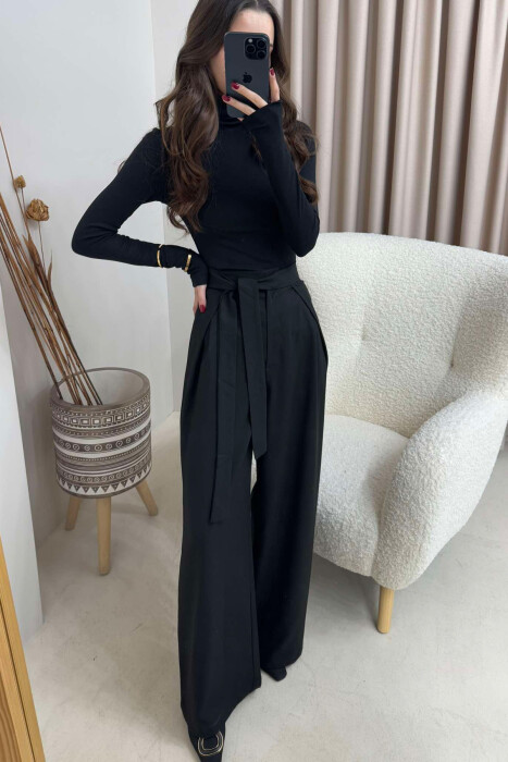 LACING WIDE LEG WOMEN TROUSERS IN BLACK COLOR - 2