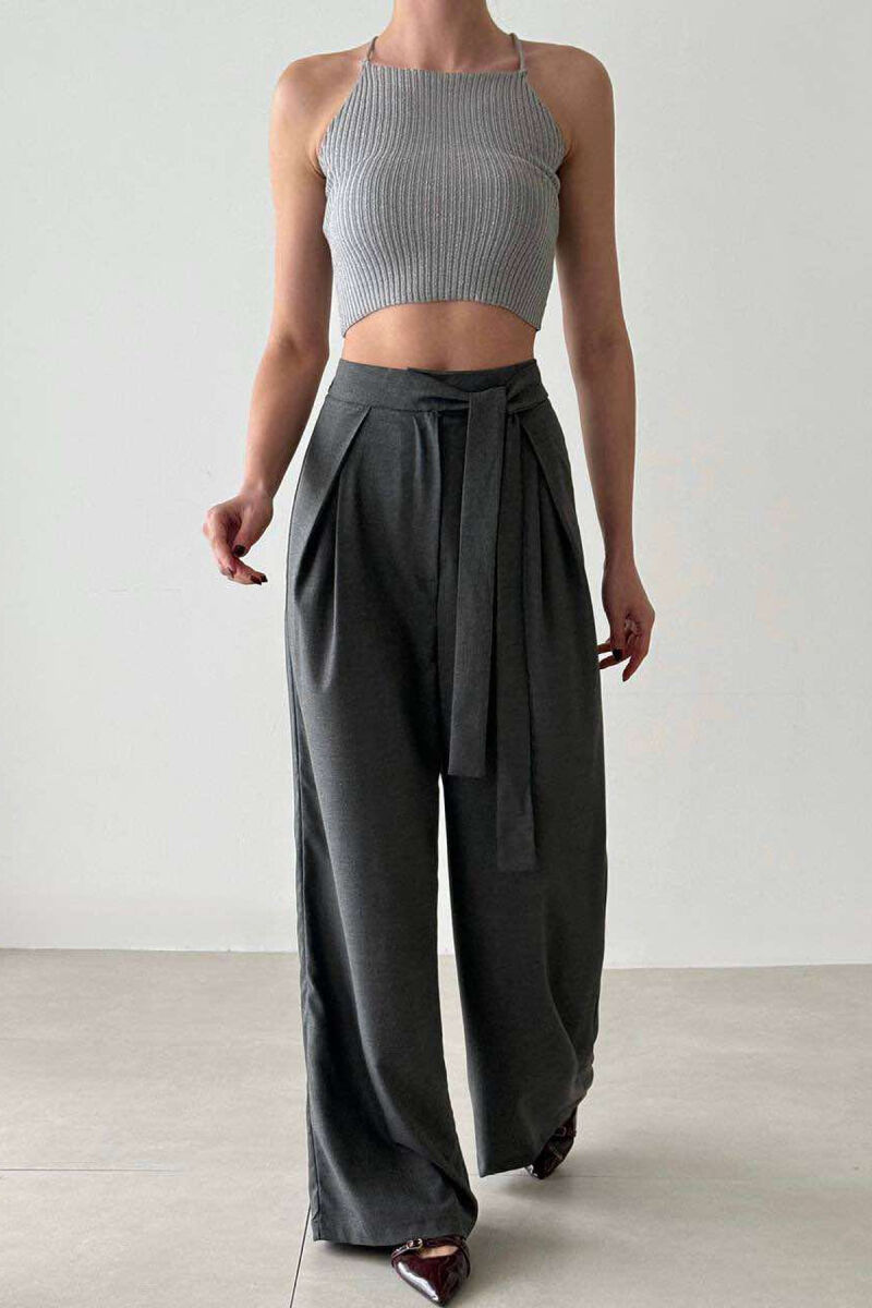 LACING WIDE LEG WOMEN TROUSERS IN GREY COLOR - 1