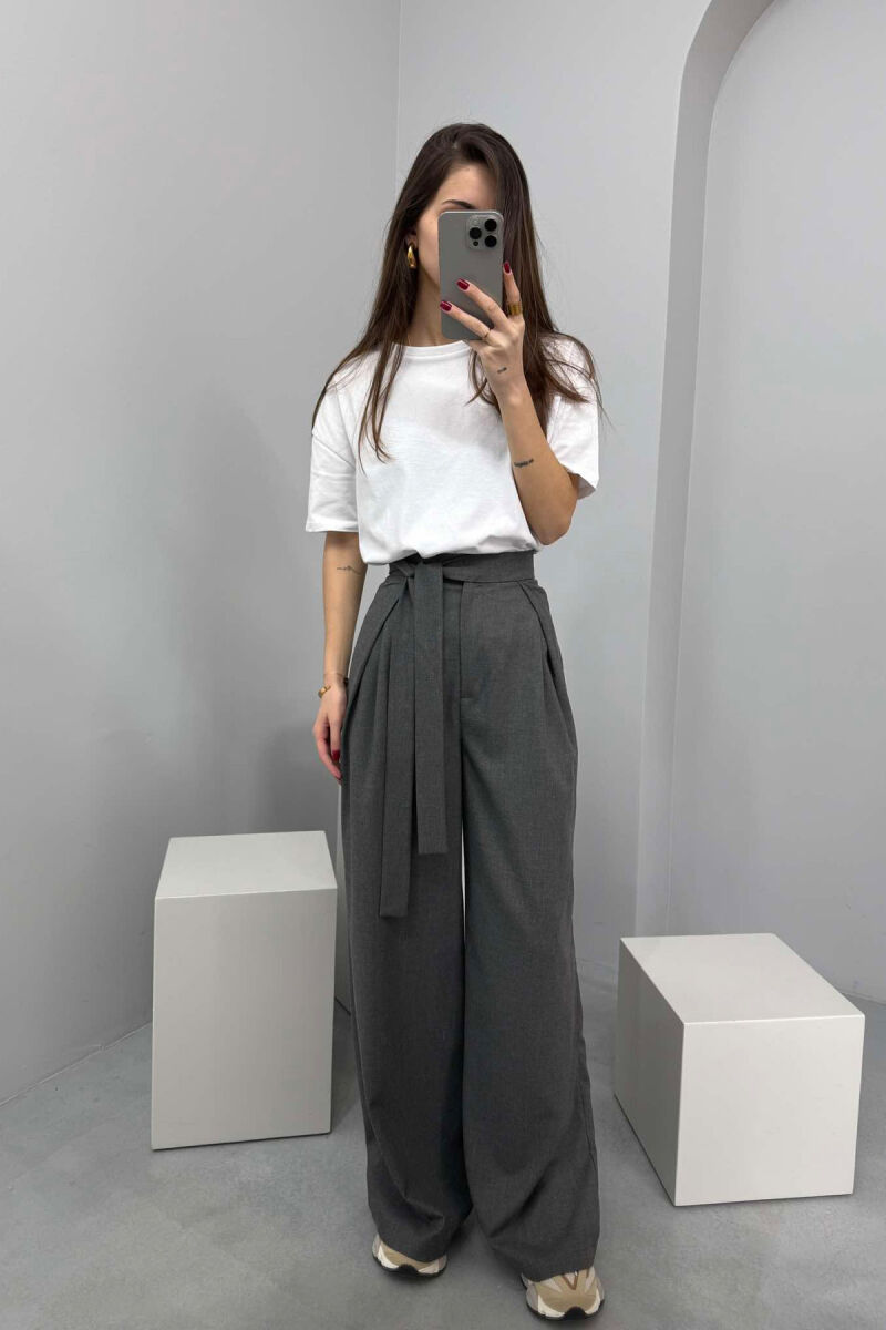 LACING WIDE LEG WOMEN TROUSERS IN GREY COLOR - 1