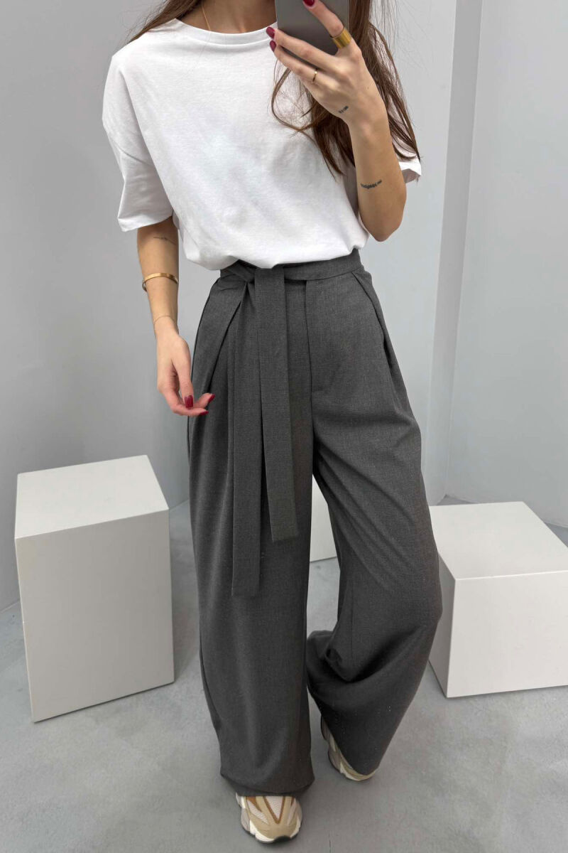 LACING WIDE LEG WOMEN TROUSERS IN GREY COLOR - 3