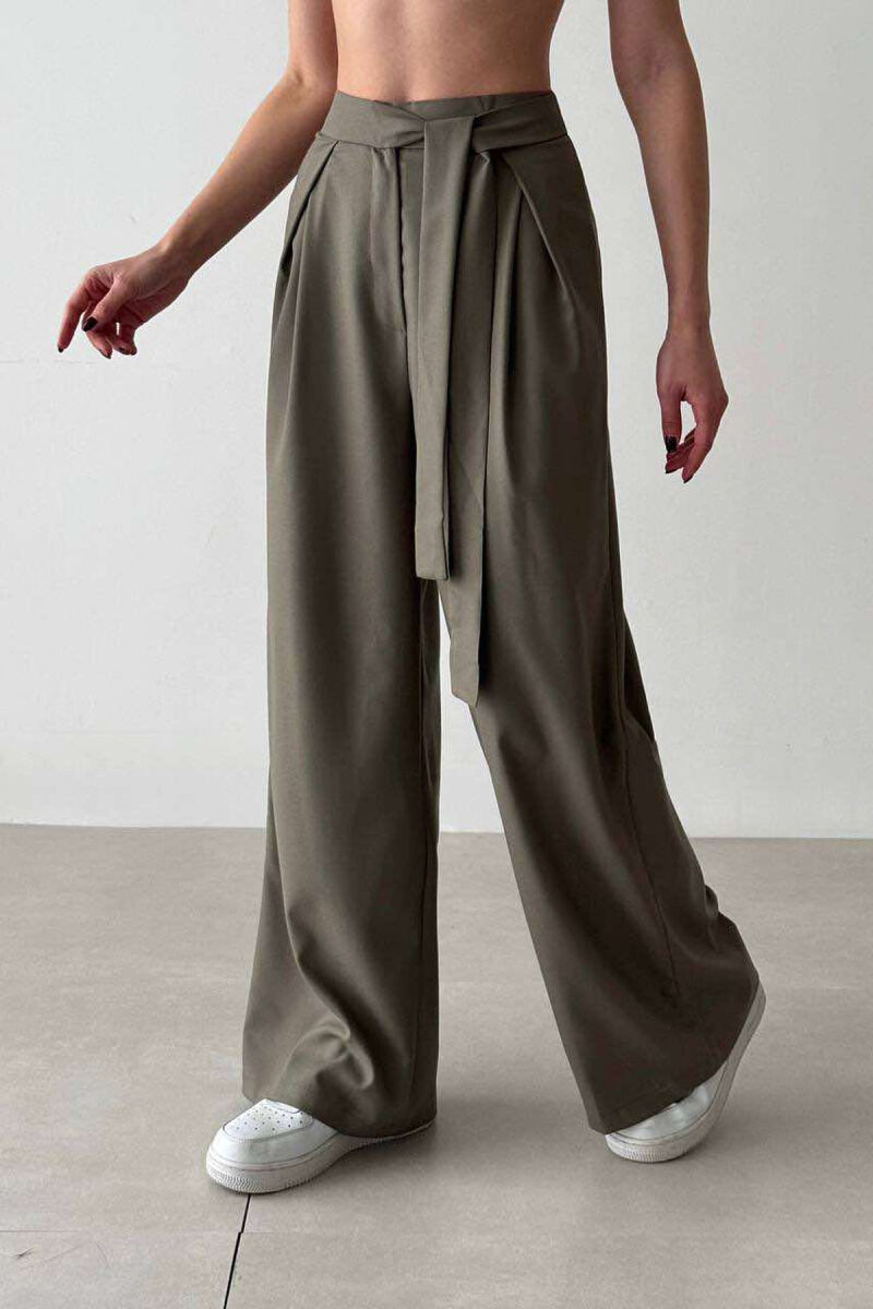 LACING WIDE LEG WOMEN TROUSERS IN OLIVE COLOR - 1