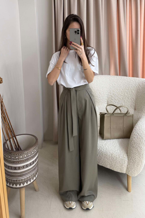 LACING WIDE LEG WOMEN TROUSERS IN OLIVE COLOR 