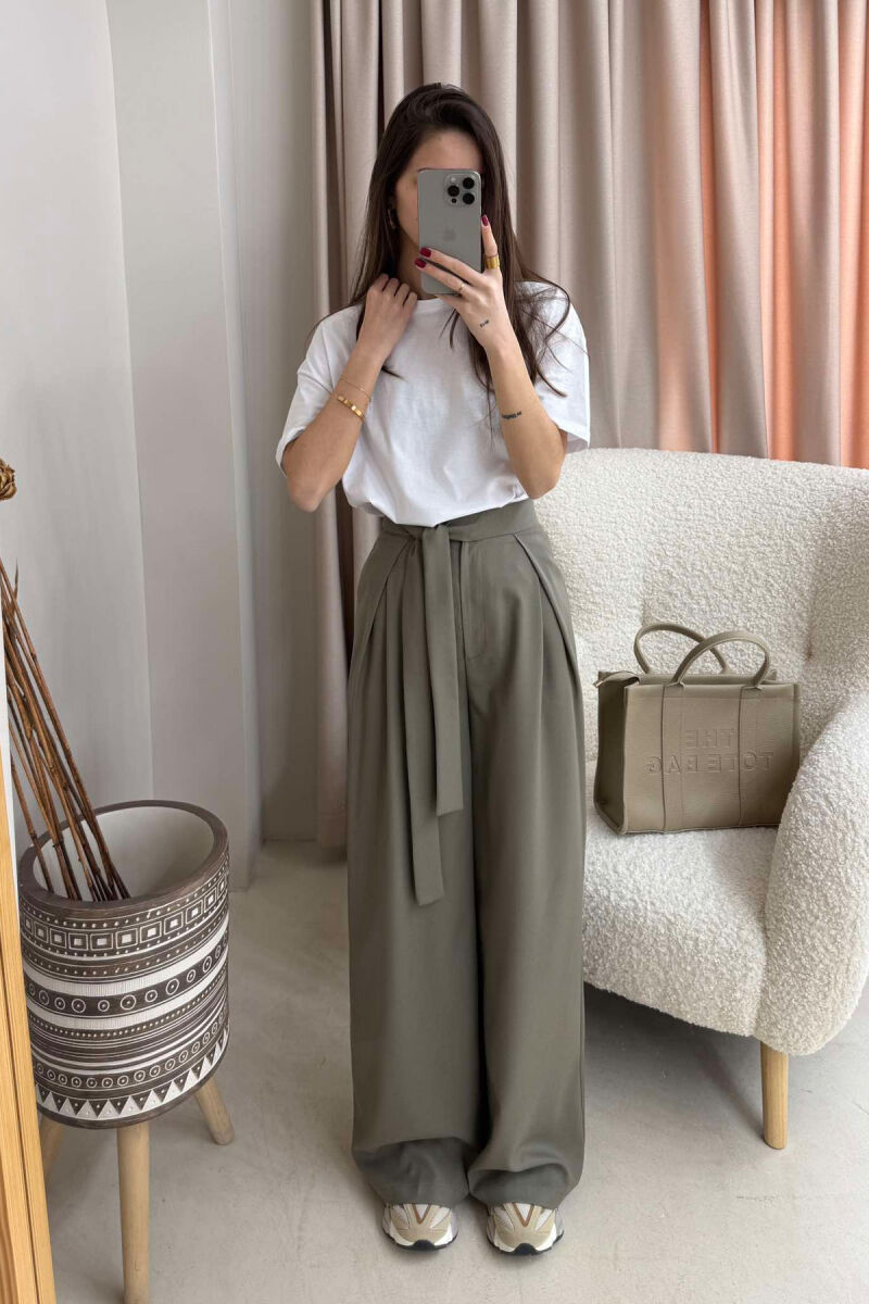 LACING WIDE LEG WOMEN TROUSERS IN OLIVE COLOR - 1