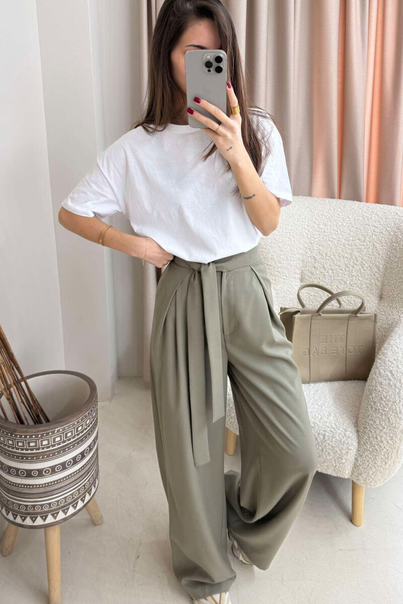 LACING WIDE LEG WOMEN TROUSERS IN OLIVE COLOR - 2