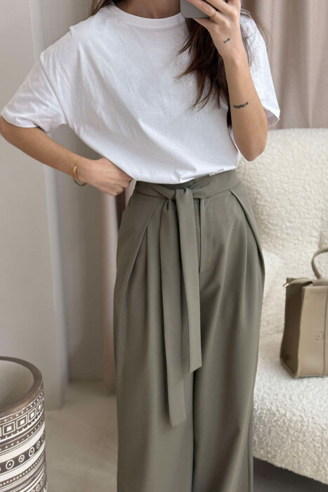 LACING WIDE LEG WOMEN TROUSERS IN OLIVE COLOR - 4