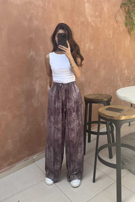 LACINGS ELASTIC WAIST DESIGNED WOMEN TROUSERS BROWN/KAFE 