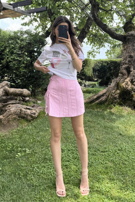 LACINGS ONE COLOR WOMEN SKORT PINK/ROZE - KLAUDIO FASHION