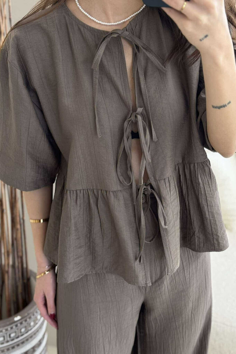 LACINGS SHIRT+TROUSERS ONE COLOR WOMEN SET BROWN/KAFE - 3