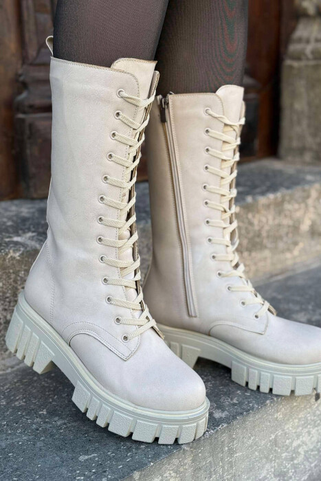 LACINGS WOMEN KNEE HIGH BOOTS CREAM/KREM - KLAUDIO FASHION