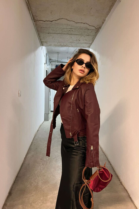 LEATHER BELTED WOMEN JACKET IN BURGUNDY COLOR - 4