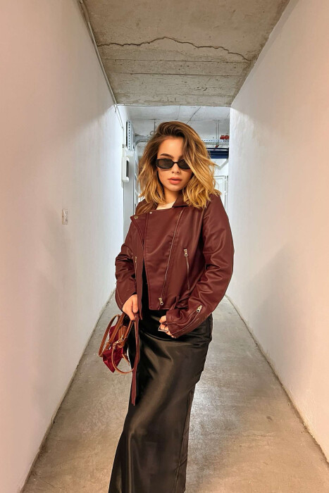 LEATHER BELTED WOMEN JACKET IN BURGUNDY COLOR - 5