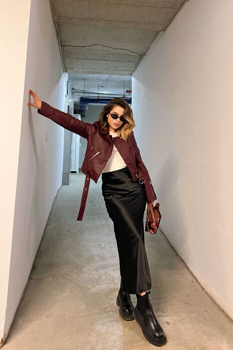 LEATHER BELTED WOMEN JACKET IN BURGUNDY COLOR - 6