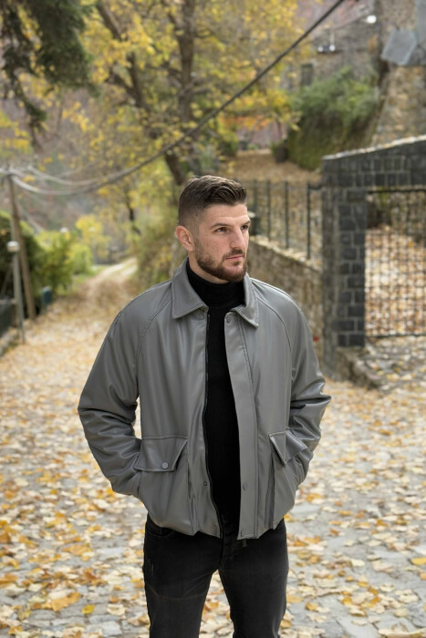 LEATHER BUTTONED AND ZIPPER MEN JACKET GREY/GRI - KLAUDIO FASHION