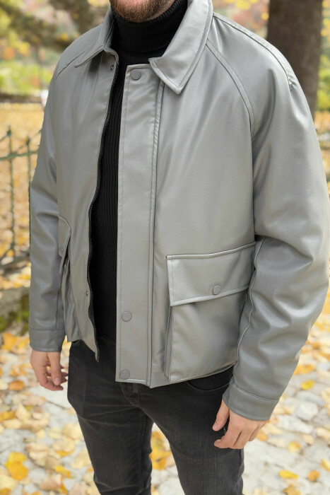 LEATHER BUTTONED AND ZIPPER MEN JACKET GREY/GRI - 2