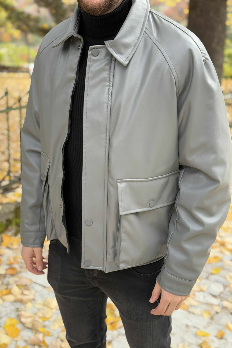 LEATHER BUTTONED AND ZIPPER MEN JACKET GREY/GRI - 1