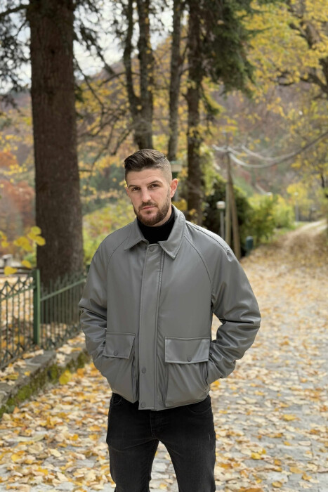 LEATHER BUTTONED AND ZIPPER MEN JACKET GREY/GRI - 4