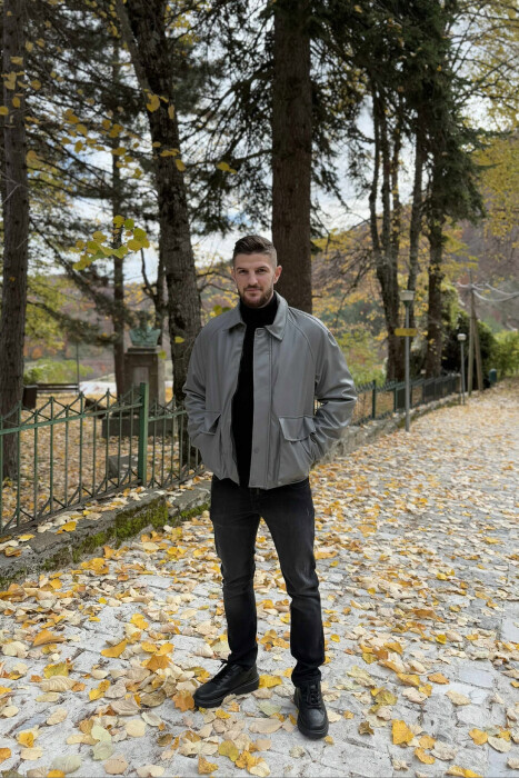 LEATHER BUTTONED AND ZIPPER MEN JACKET GREY/GRI - 5