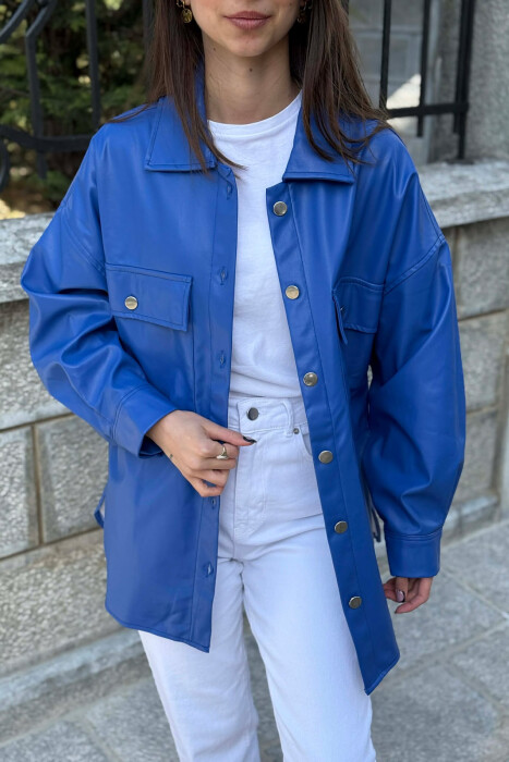 LEATHER BUTTONS WOMAN JACKET BLUE/BLU - 4