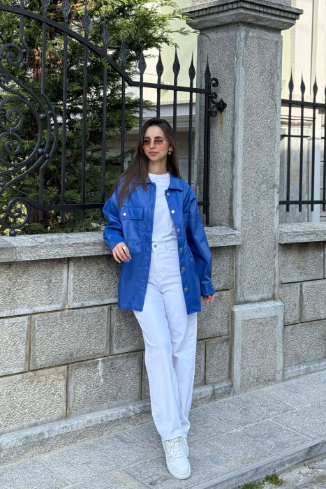 LEATHER BUTTONS WOMAN JACKET BLUE/BLU - 5