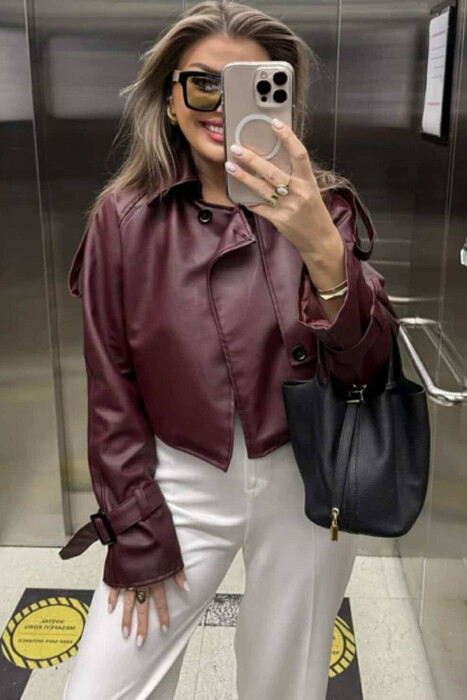 LEATHER CROPPED WOMEN JACKET BURGUNDY/VISHNJE - 3