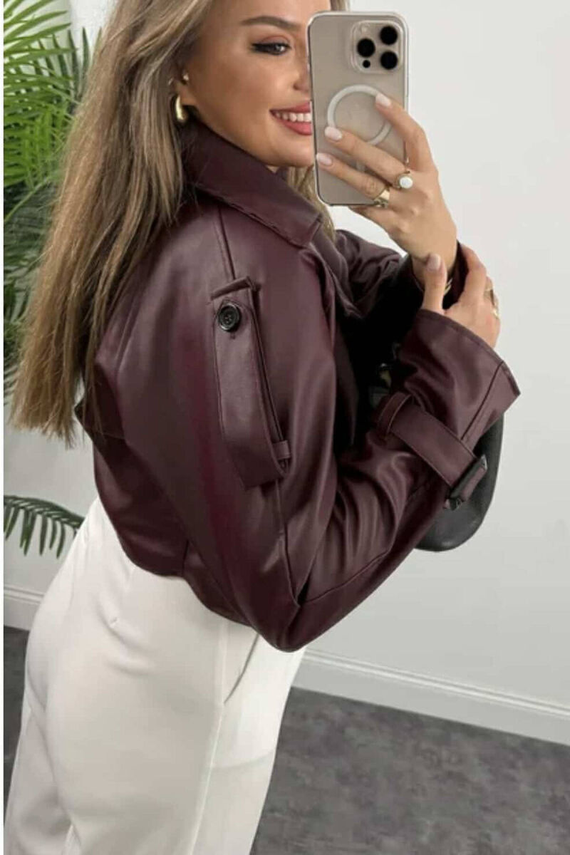 LEATHER CROPPED WOMEN JACKET BURGUNDY/VISHNJE - 6