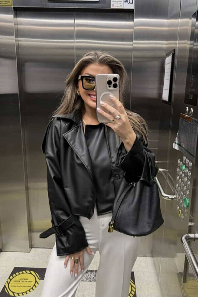 LEATHER CROPPED WOMEN JACKET IN BLACK COLOR - 5