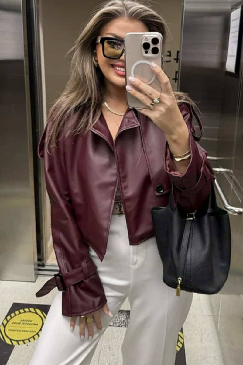 LEATHER CROPPED WOMEN JACKET IN BURGUNDY COLOR - 4