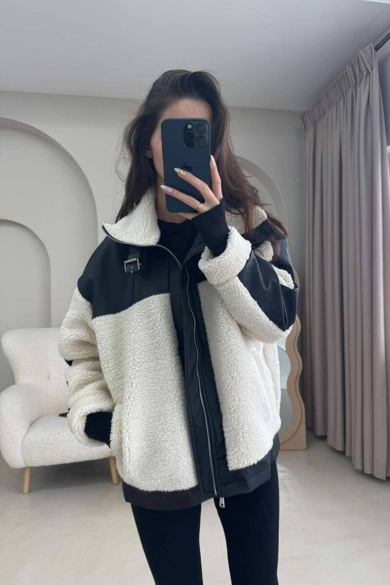 LEATHER DETAILS FLUFFY WOMEN JACKET IN CREAM COLOR - 1