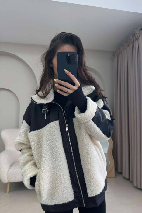 LEATHER DETAILS FLUFFY WOMEN JACKET IN CREAM COLOR - 3