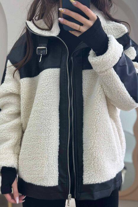 LEATHER DETAILS FLUFFY WOMEN JACKET IN CREAM COLOR - 4