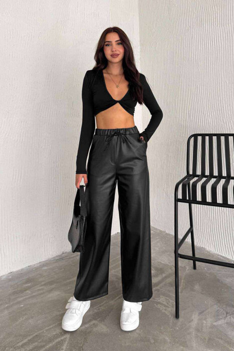 LEATHER ELASTIC WAIST WIDE LEG WOMEN TROUSERS BLACK/ E ZEZE - 1