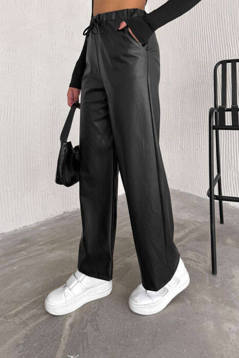 LEATHER ELASTIC WAIST WIDE LEG WOMEN TROUSERS BLACK/ E ZEZE - 2